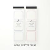 大枝活版室 OEDA LETTERPRESS 3 pattern labelbook ラベルブック frame Red & Bronze Blue & Black フレーム レッド ブロンズ ブルー ブラック ラベル メモ メモ帳 カード メッセージカード 3パターン 3柄 手帳 ミシン目 活版印刷 コラージュ
