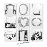 パティシエハリネズミ スタンプ 58×58mm 座り心地のいい椅子 パールのフレーム ブランコ タイプライター ハリー ガーベラ オーバルのお皿 お店のテーブル アンティークのドア 自転車でパンの配達