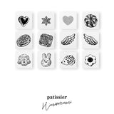 Pastry chef hedgehog stamp 12 x 12mm Heart jam cookie Snowflake Heart Dot Striped candy Oval drop with flower pattern Square drop with flower pattern Angel's right wing Angel's left wing Dog cookie Rabbit cookie Hedgehog cookie Flower cookie