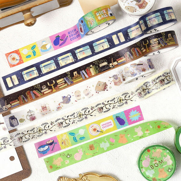 BGM ビージーエム マスキングテープ Life ライフ 箔押し 15mm 15ミリ幅 enjoy CAFE アニマルカーニバル ポップフード 星の中の寝台列車 花スケッチ 夜更けの本棚 和紙 マステ ギフト カード 手帳