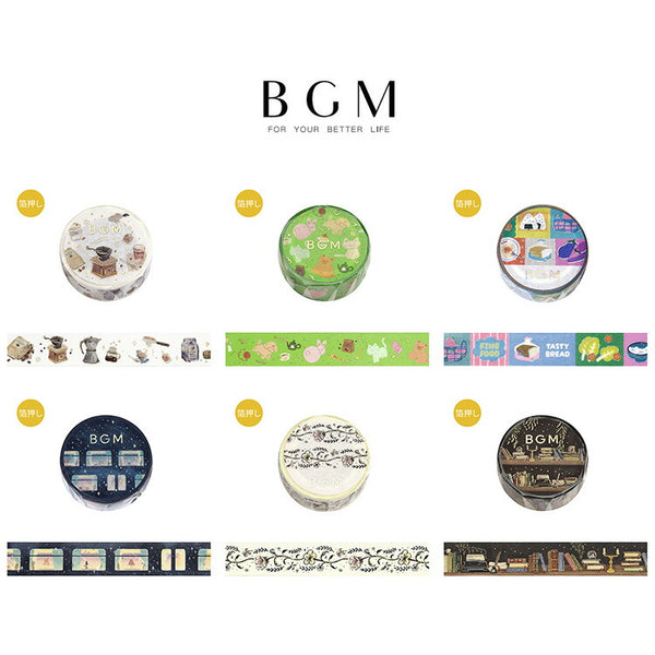 BGM ビージーエム マスキングテープ Life ライフ 箔押し 15mm 15ミリ幅 enjoy CAFE アニマルカーニバル ポップフード 星の中の寝台列車 花スケッチ 夜更けの本棚 和紙 マステ ギフト カード 手帳