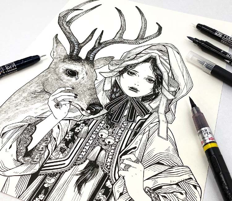 Zig Inktober Limited 제품 그림 기본 세트 2 브러시 펜 5 조각 IKTB-21/5V