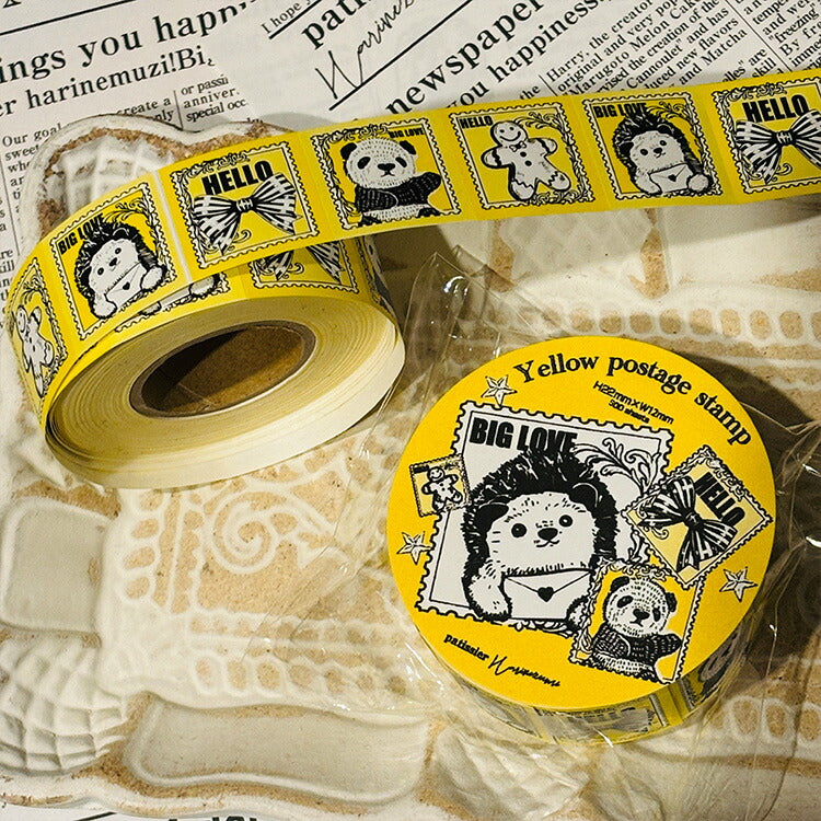 パティシエハリネズミ ラベラー シール 500枚 正方形 YERROW POSTAGE STAMP 切手柄 スイーツコレクション お菓子 ハリネズミ カットシール ロールシール かわいい おしゃれ
