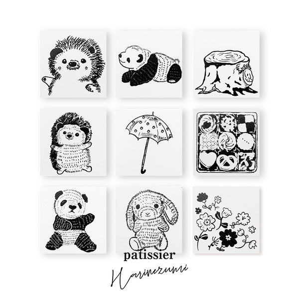 パティシエハリネズミ スタンプ 30×30mm ハリネズミのハリー 上半身 パンダのコロロ 寝転び 切り株 傘 クッキー缶 うさぎのモカ 角っこお花 うさぎ かわいい おしゃれ