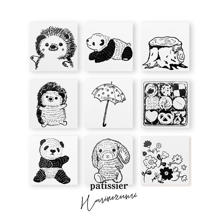 パティシエハリネズミ スタンプ 30×30mm ハリネズミのハリー 上半身 パンダのコロロ 寝転び 切り株 傘 クッキー缶 うさぎのモカ 角っこお花 うさぎ かわいい おしゃれ
