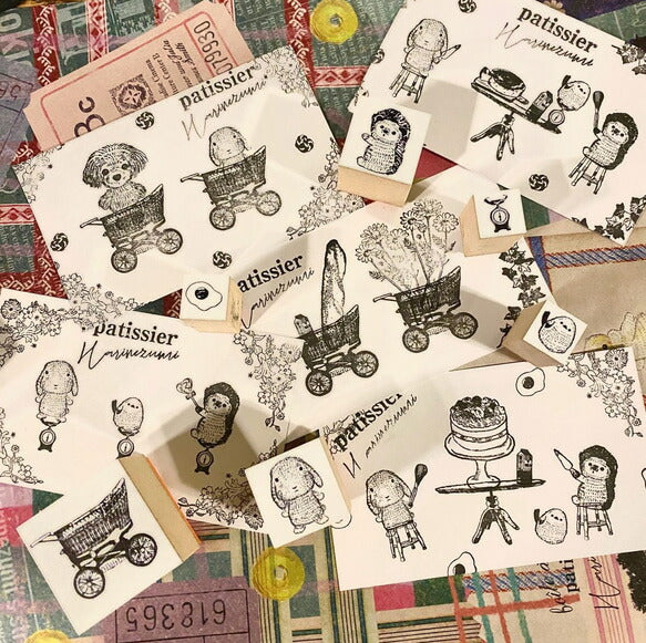 パティシエハリネズミ スタンプ 30×30mm チョコレート缶 蓋 パン焼き窯 カート ブラックベア シバ犬のそら豆ちゃん お買い物バッグ プレゼントの箱 クマ 柴犬 ボックス かわいい おしゃれ