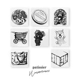 パティシエハリネズミ スタンプ 30×30mm チョコレート缶 蓋 パン焼き窯 カート ブラックベア シバ犬のそら豆ちゃん お買い物バッグ プレゼントの箱 クマ 柴犬 ボックス かわいい おしゃれ