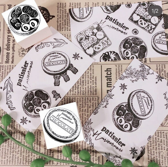 パティシエハリネズミ スタンプ 30×30mm チョコレート缶 蓋 パン焼き窯 カート ブラックベア シバ犬のそら豆ちゃん お買い物バッグ プレゼントの箱 クマ 柴犬 ボックス かわいい おしゃれ