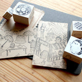 パティシエハリネズミ スタンプ 60×30mm 宝箱 宝箱の蓋 オープンカー ハートの懐中時計 懐中時計の内側 プレゼントBOXのお店の蓋 ショップ 車 パン かわいい おしゃれ