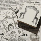 パティシエハリネズミ スタンプ 58×58mm 座り心地のいい椅子 パールのフレーム ブランコ タイプライター ハリー ガーベラ オーバルのお皿 お店のテーブル アンティークのドア 自転車でパンの配達