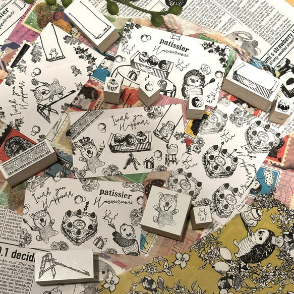 パティシエハリネズミ スタンプ 12×12mm ポット コーヒーサーバー 王冠 フラッペチーノ クラッカー ビール フレンチクルーラー チェリーカップケーキ いちごシュー チョコ シャボン玉 クッキー