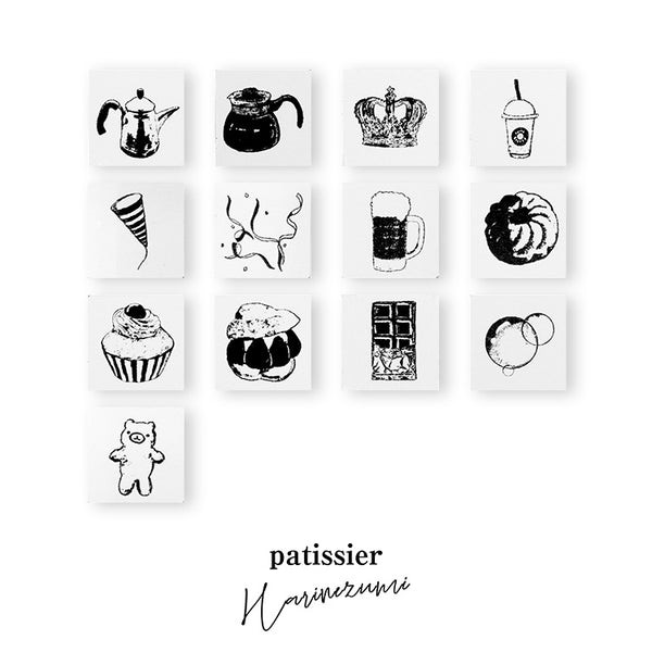 パティシエハリネズミ スタンプ 12×12mm ポット コーヒーサーバー 王冠 フラッペチーノ クラッカー ビール フレンチクルーラー チェリーカップケーキ いちごシュー チョコ シャボン玉 クッキー