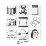 Konditorkoch-Igel-Stempel, 30 x 30 mm, runde Box, Teddybär, Mama, Streichholzschachtel, Futon, Schaufenster, Herz, Schlüsselanhänger, süßer Regen, Pfeil und Bogen, Harry zieht