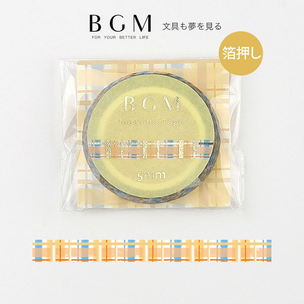 BGM マスキングテープ Life 箔押し ライフ 5mm 5センチ 5ミリ幅 マステ 青とオレンジ・チェック ビージーエム 手帳 カード ギフト