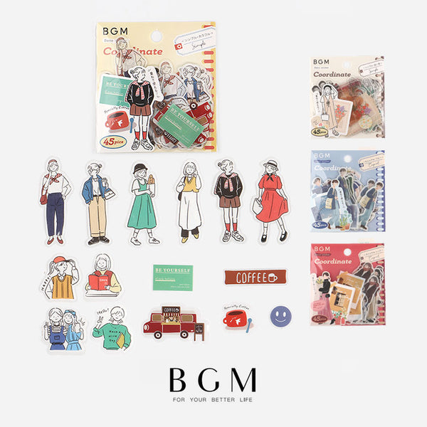 BGM シール コーディネートシール シンプル 淡い色 カラフル カジュアル レッド ブルー 15デザインｘ3枚(45枚) ギフト カード 手帳 ビージーエム