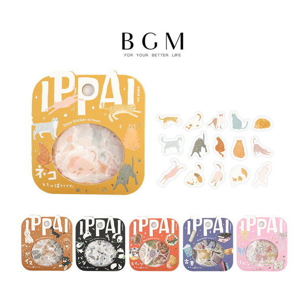 BGM ビージ－エム フレークシール IPPAI 45枚入り いっぱいです 犬 猫 アニマル 本 食べ物 リボン マスキングテープ素材 ギフト カード 手帳 コラージュ 素材